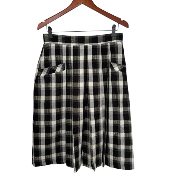 Vintage Preppy Plaid Pleated Midi Skirt with Pockets Black & White Size S - Picture 1 of 6